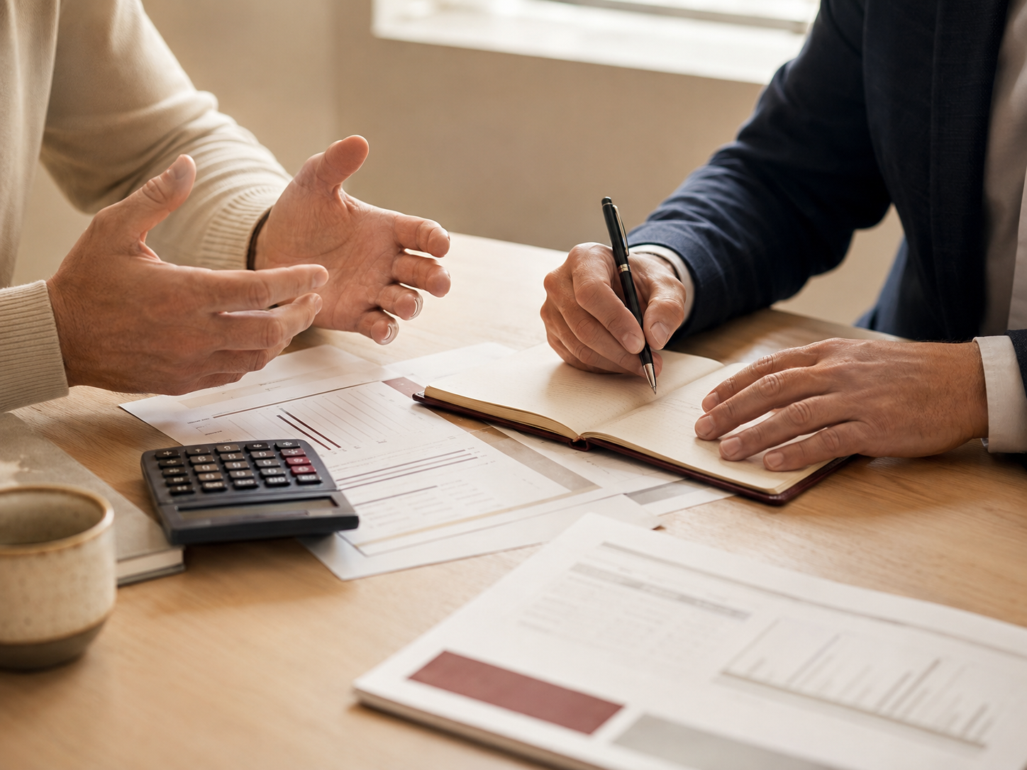 A tax advisor and client reviewing financial documents together